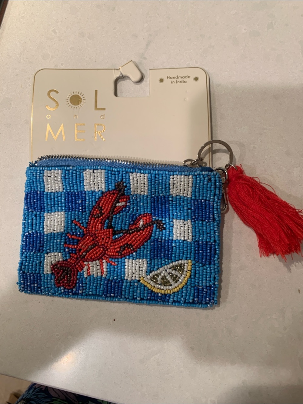 Sol and Mer Beaded Blue Coin Pouch with Red Lobster Tassel